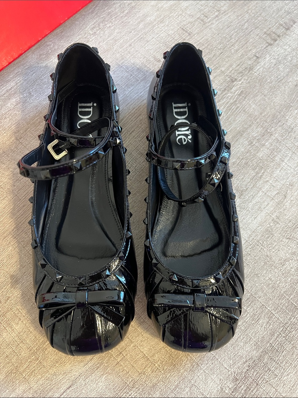 Givenchy Black Patent Mary Jane Flats with Studded Trim and Bow